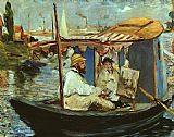 Boat Canvas Paintings - Claude Monet working on his boat in Argenteuil